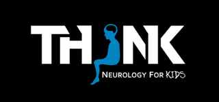 THINK Neurology For Kids Logo White letters on a black background with a child seated in blue facing left