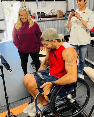 Chuck Melton trying the Wheely-X the first time wearing a Legstrap from Equip and Dana in the background