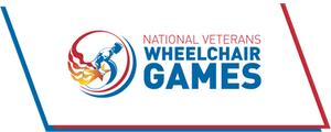 National Veterans Wheelchair Games logo looks like a person in a wheelchair rolling forward with flames exiting out of the back and a circle around it.