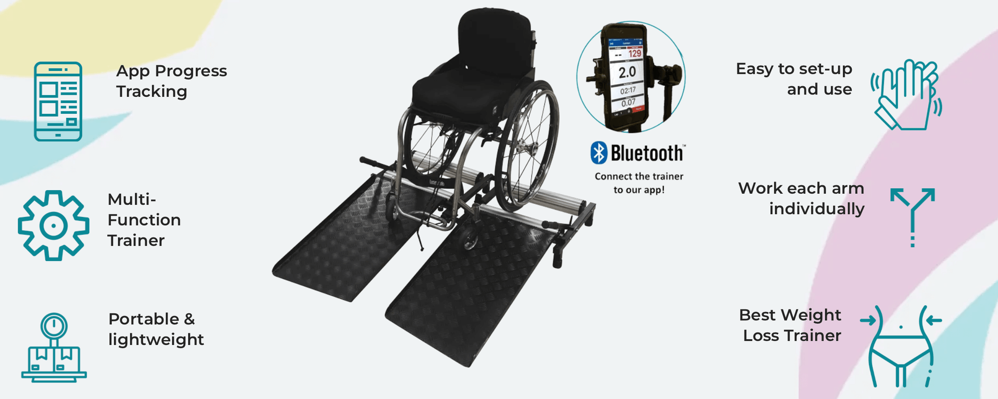 A picture of a wheelchair sitting on a treadmill made specifically for wheelchair users.