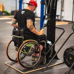 Wheelchair Athlete "GOAT" Stouty on Concept2 Ski Erg Using Equip's Adaptive Wider Base