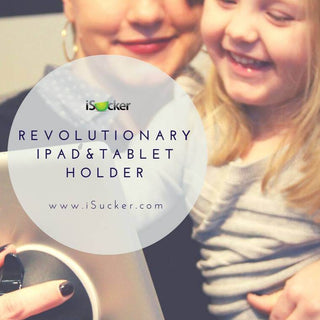 Woman holding iPad with iSucker Tablet Holder