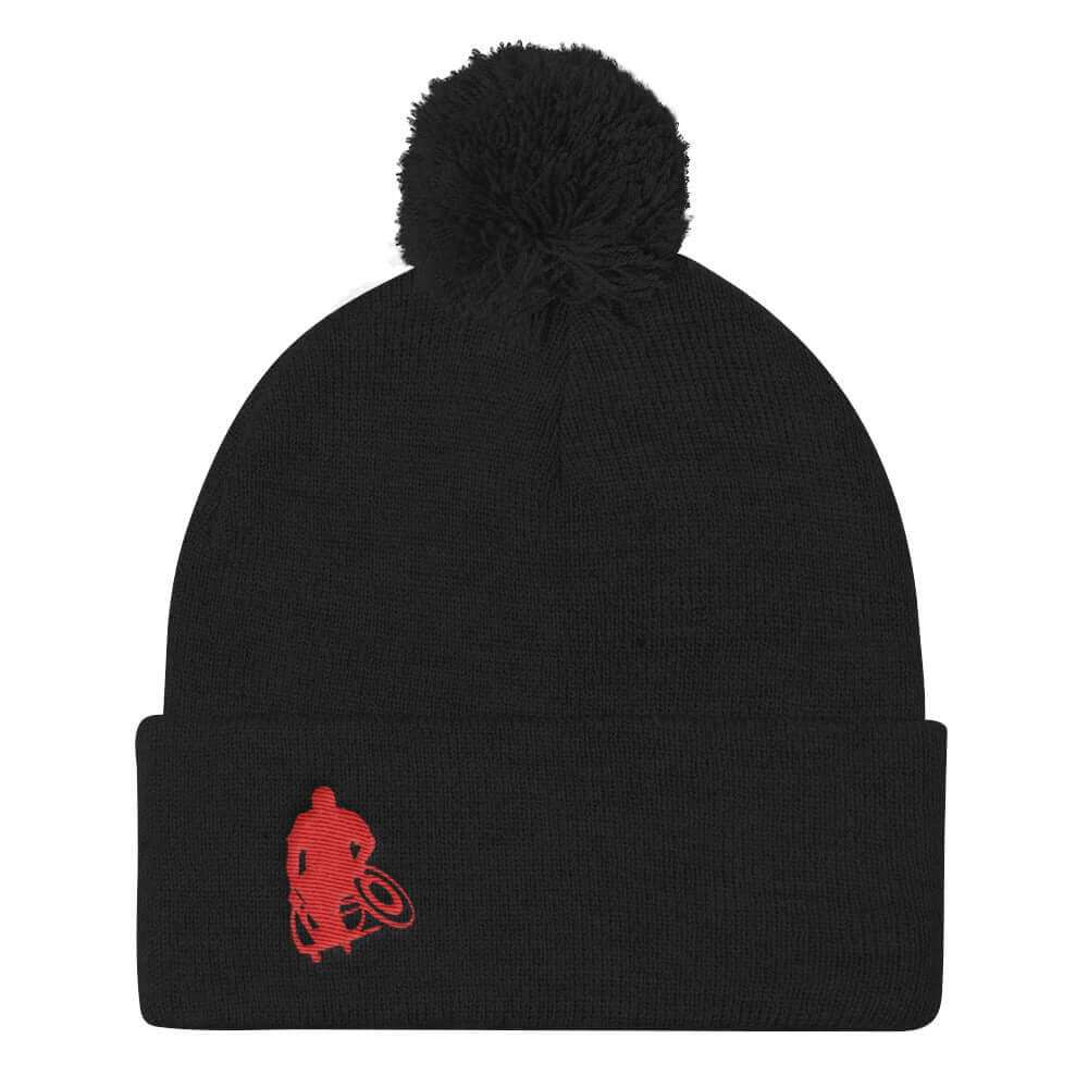 Black beanie / stocking cap with ball at the top and red Wheelwod Logo embroidered