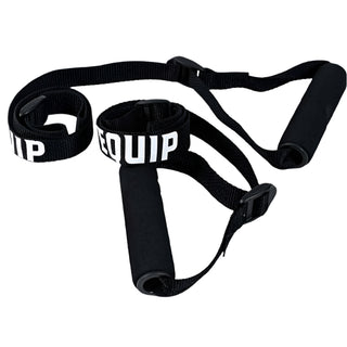 Ski Erg Extension Straps with handles in black white lettering with Equip on them