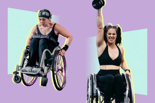 Jesi Stracham on a logo with her holding a dumb bell above her head, and another where she appears to be pushing her wheelchair hard.