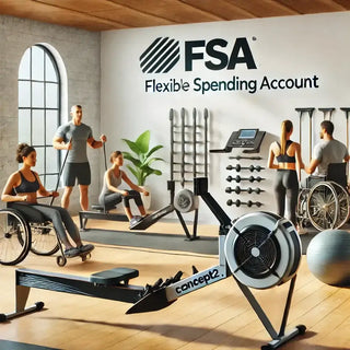 Gym with people using the Concept2 Rowers with a large sign on the wall stating: FSA Flexible Spending Account or also HSA Health Savings Account