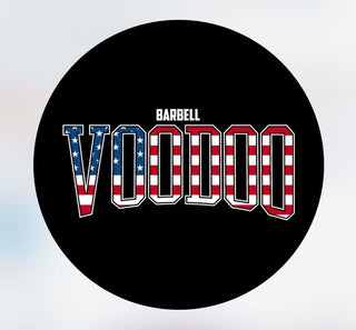 Barbell VooDoo Logo super imposed on the USA Flag Red, White & Blue