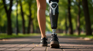 Person Walking with Prosthetic Leg in Park on Sunny Day