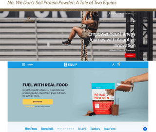 Equip Products Homepage Screenshot and Equip Fodds Home Page Screenshot below with the title No, We Don't Sell Protein Powder: A Tale of Two Equips