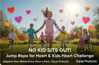 Inclusive kids heart challenge with diverse kids jumping rope and having fun in a bright outdoor setting.
