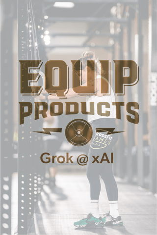 The Equip Products Logo & Grok Ai by xAI with an athlete faded in the background contemplating an exercise movement on a rig with rings in her hands.