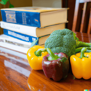 Peppers and broccoli on a wood table in front of books, nice color shot with sunlight
