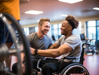 Man in wheelchair working out with trainer