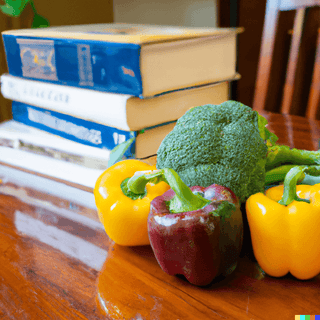 Peppers and broccoli on a wood table in front of books, nice color shot with sunlight