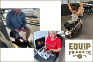 Three pictures of people using Lap Mat's or Knee Pads