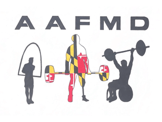 Adaptive Athletes Foundation of Maryland logo with single arm jump rope person, missing leg, an wheelchair doing fitness with eh Maryland flag super imposed