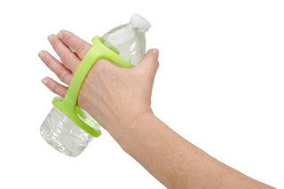 EazyHold Lime holding a water bottle with a soft silicone cuff for easy grip and support.