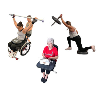 Three women performing various exercises with weights, including a woman in a wheelchair, on a white background.