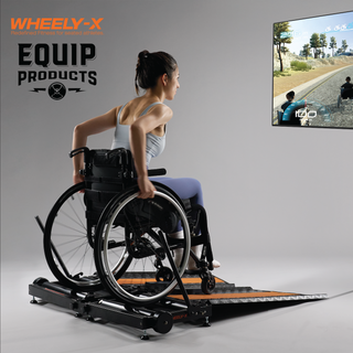 Lady in wheelchair on Wheely-X with the Wheely-X logo in Orange and the Equip Products logo in black