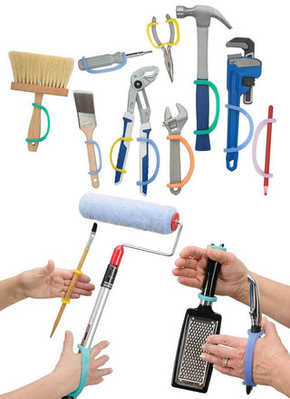 EazyHold Teacher & Therapist 7-Pack showing various grip aids on tools and hands for secure handling