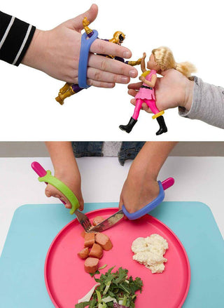 EazyHold Teacher & Therapist 7-Pack shown with children using silicone grip aids on toys and utensils.