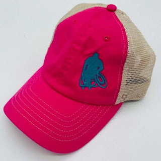 WheelWOD Pink Trucker Hat with Stouty Logo Top Right Side Photo on a White Background