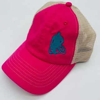  WheelWOD Pink Trucker Hat with Stouty Logo Top Right Side Photo on a White Background