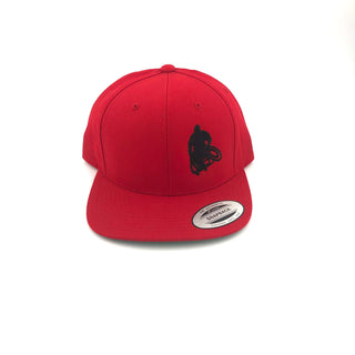 Red Flat-brim hat with black Wheelwod Logo on right front panel