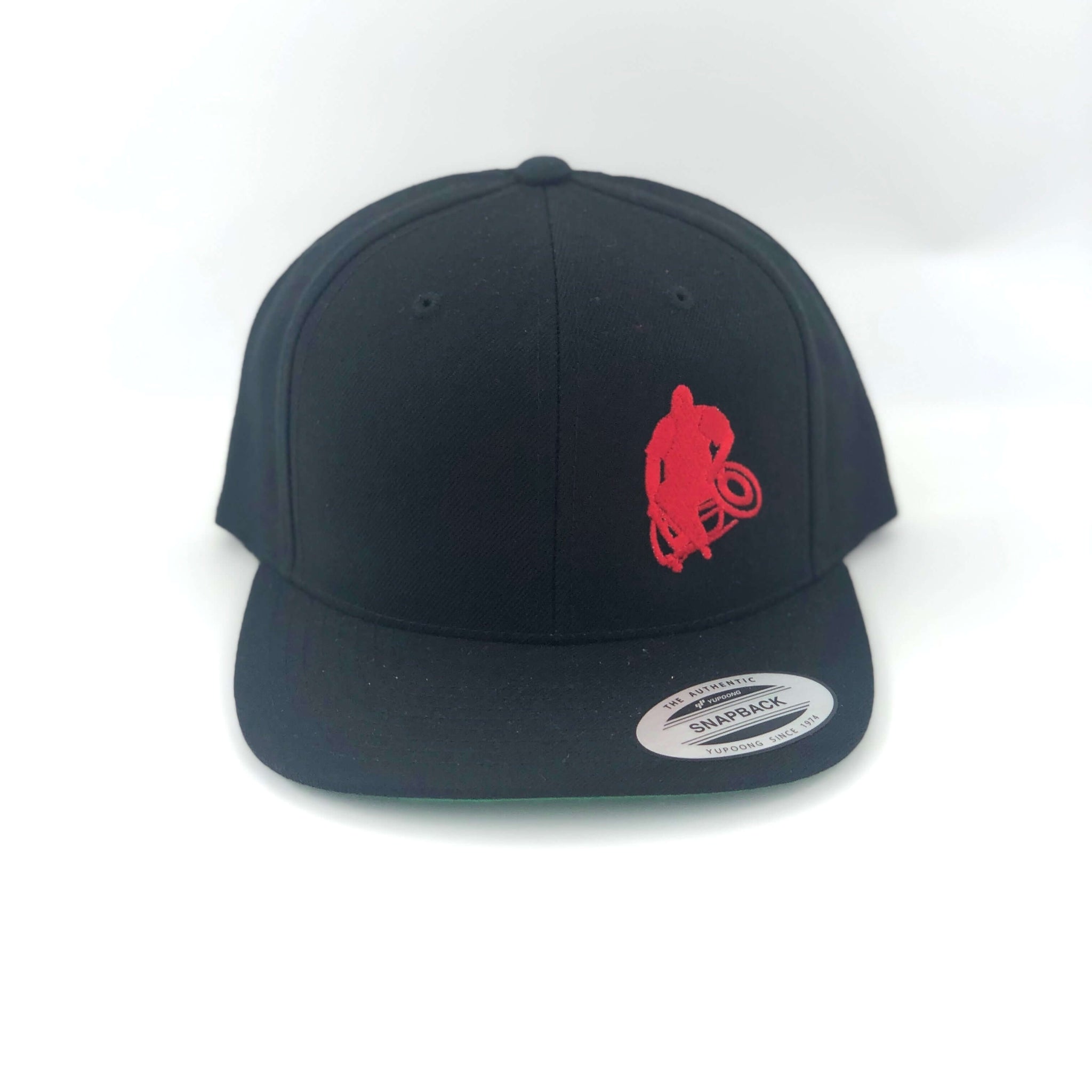 Black Flat-brim hat with red Wheelwod Logo on right front panel