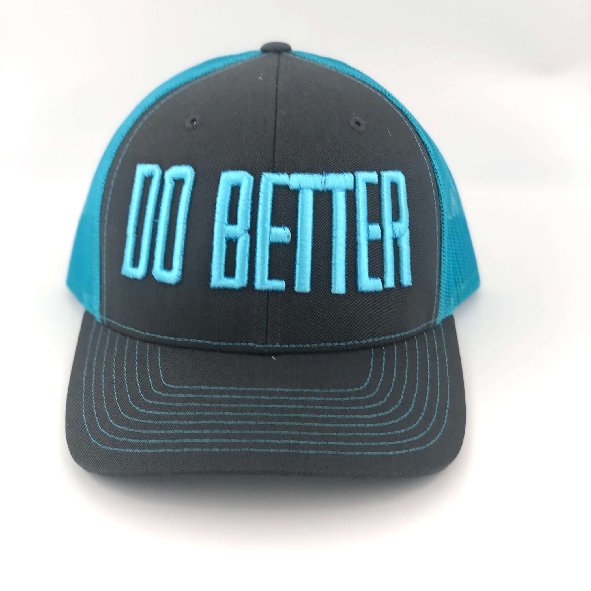 Blue and Black mesh trucker hat with Do Better on the front panel