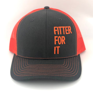 Fitter For It orange and black trucker mesh style hat