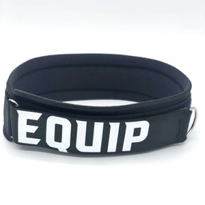 Large Leg Strap black with white lettering that reads Equip, on a white background.