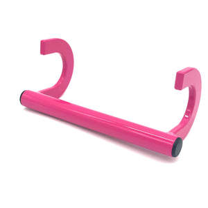 Pink aluminum rowing hook on a white background.