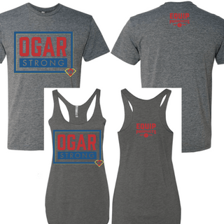 T-shirt and tanks with Ogar Strong Logo in red and blue on the front and Equip logo in red on the back collar