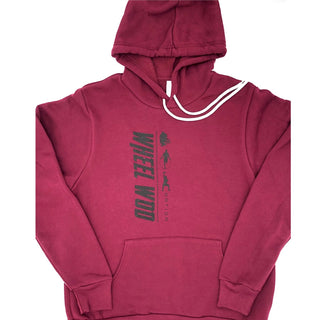 Maroon super soft hoodie style sweatshirt with Wheelwod Log down the front vertically.