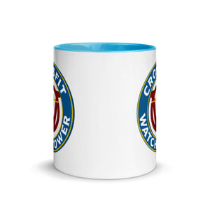 CrossFit Watchtower Coffee Mug with white with logo outer and light blue interior facing away from picture