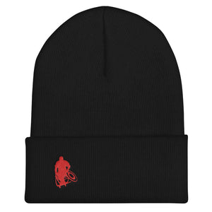 Black beanie / stocking cap with red Wheelwod Logo embroidered