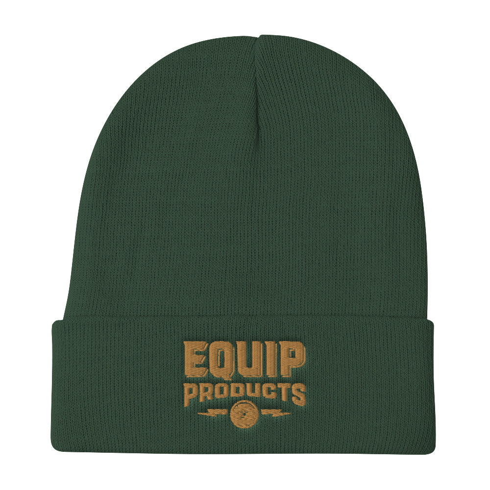 Green beanie cap with brown Equip Logo embroidered