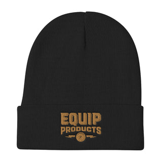 Black beanie cap with brown Equip Logo embroidered