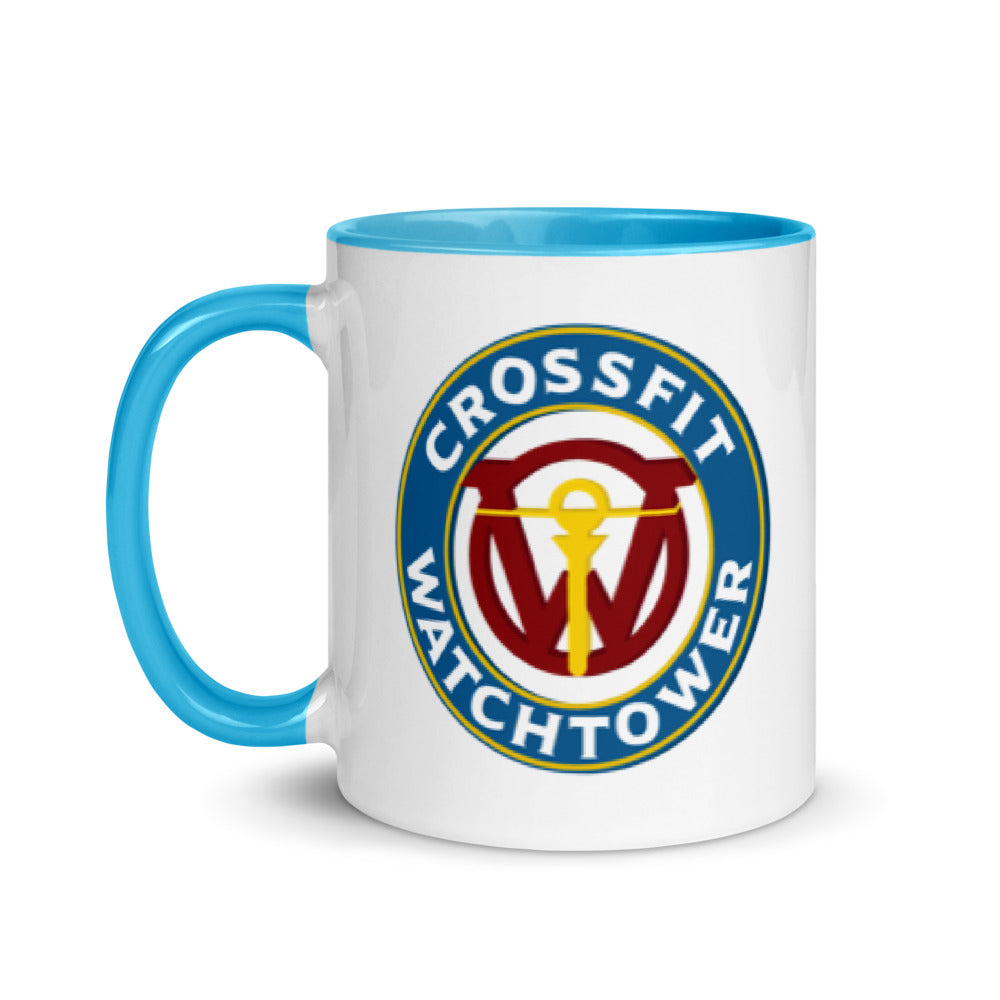 CrossFit Watchtower Coffee Mug with white with logo outer and light blue interior handle left