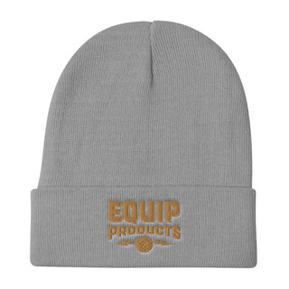 Gray beanie cap with brown Equip Logo embroidered