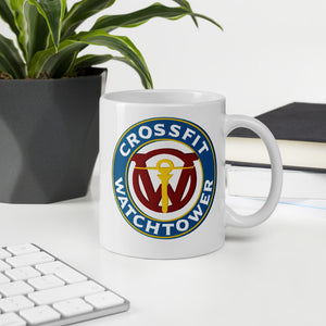 CrossFit Watchtower Coffee Mug sitting on a computer desk