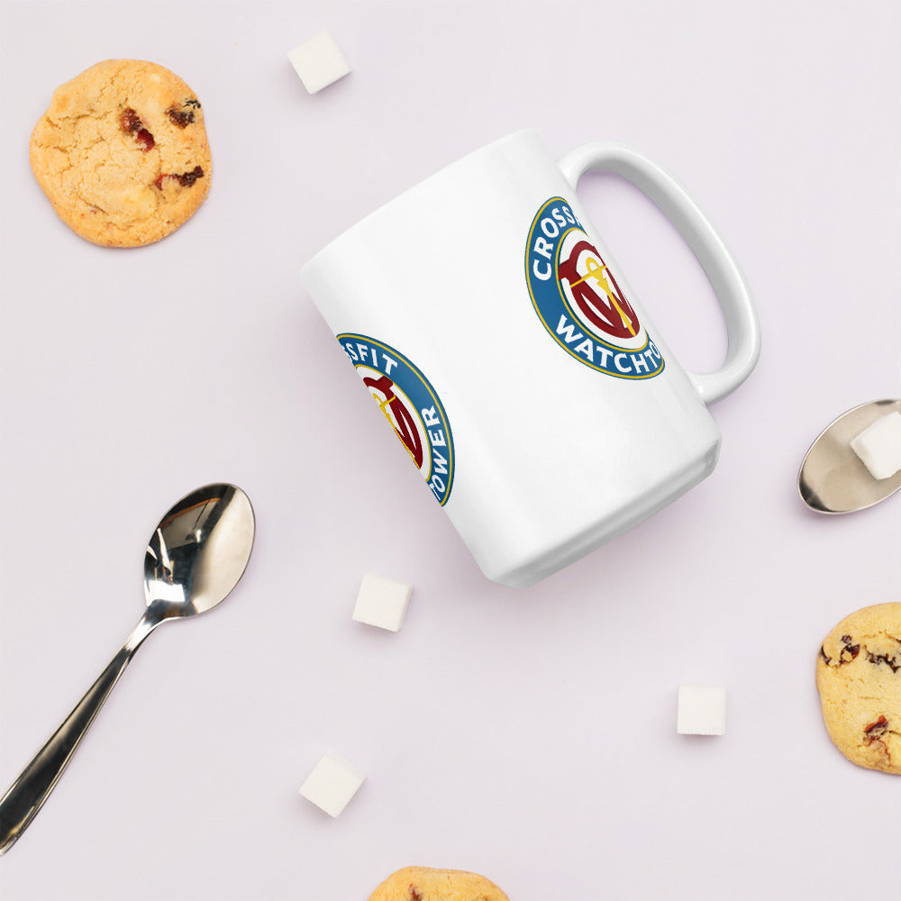 CrossFit Watchtower Coffee Mug with cereal and spoon on the table around it
