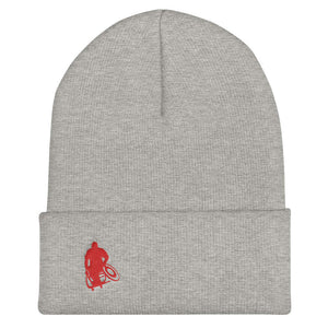 Gray beanie / stocking cap with red Wheelwod Logo embroidered