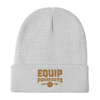 White beanie cap with brown Equip Logo embroidered
