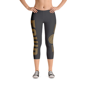 Capri Leggings With Equip Products Down one leg and the bumper plate Equip Logo on the other leg facing front