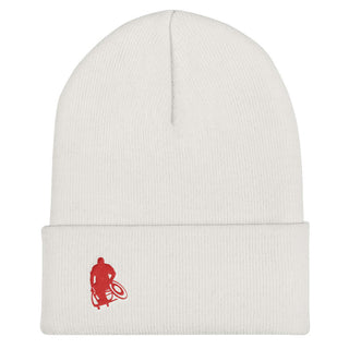 White beanie / stocking cap with red Wheelwod Logo embroidered