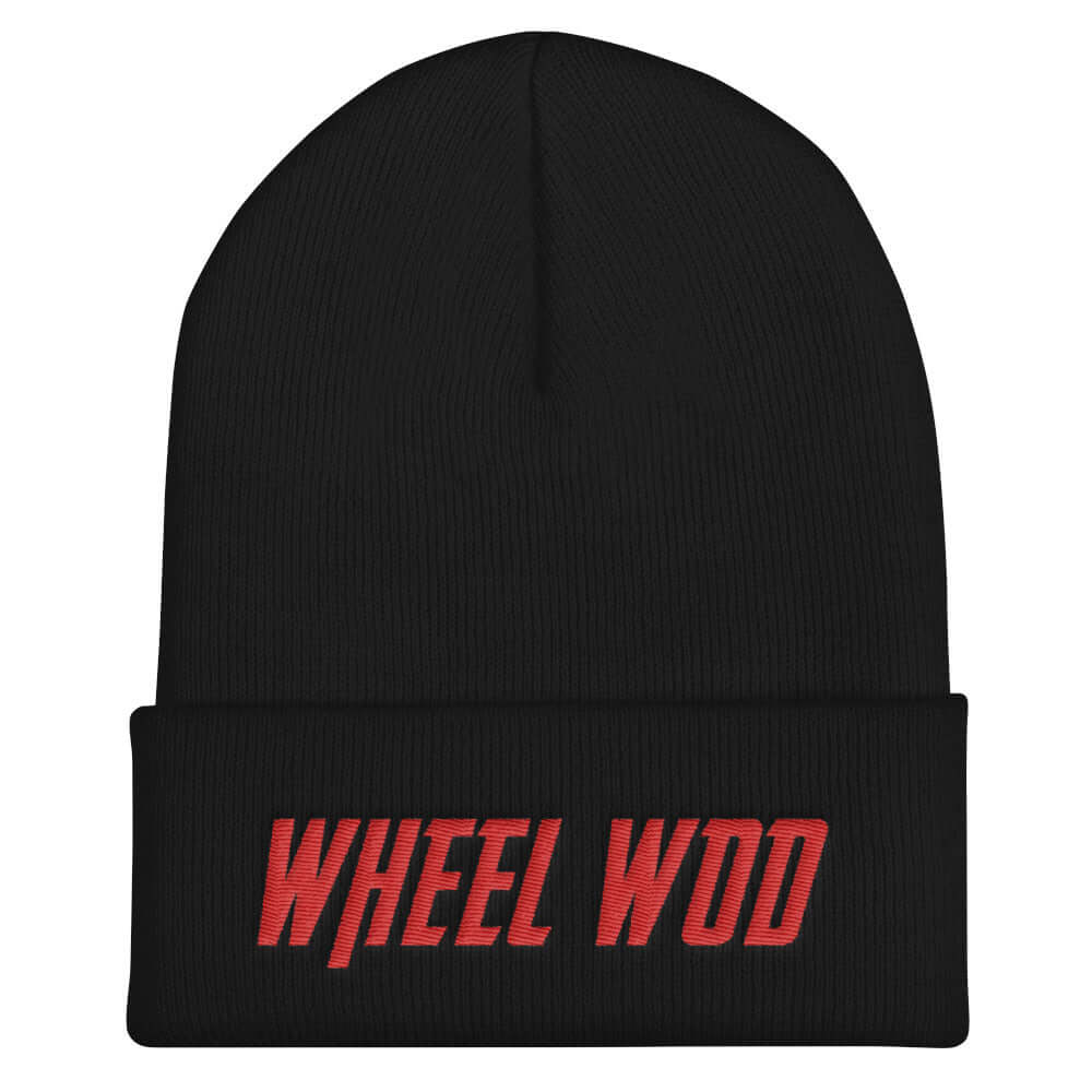 Black Beanie / stocking cap with red lettering that states "Wheelwod"