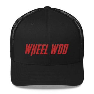 Black Trucker hat with Wheelwod spelled out in red on front of hat.