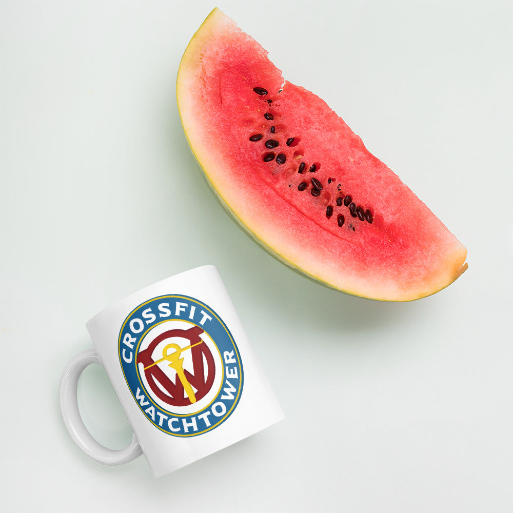 CrossFit Watchtower Coffee Mug with a watermelon on the upper top right corner